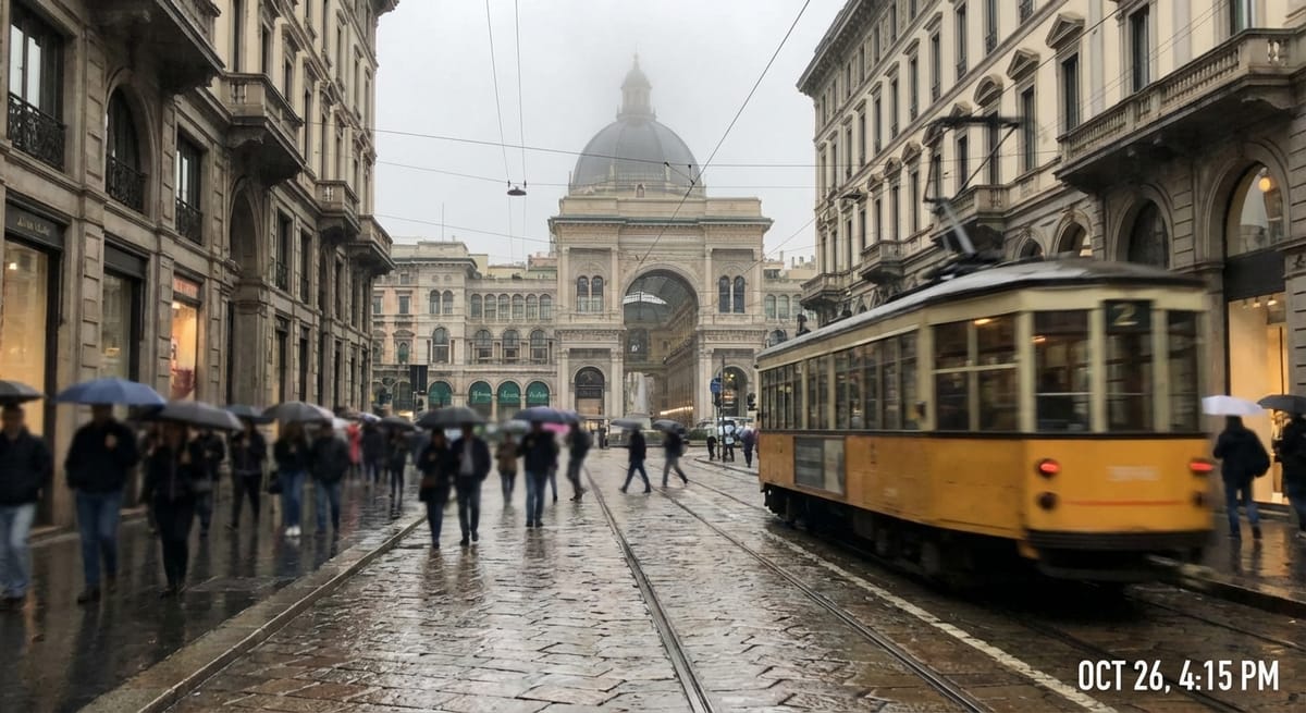 義大利米蘭下雨的街道，一輛黃色復古電車正駛過石板路，背景是霧氣中的艾曼紐二世迴廊，行人撐著雨傘走過。