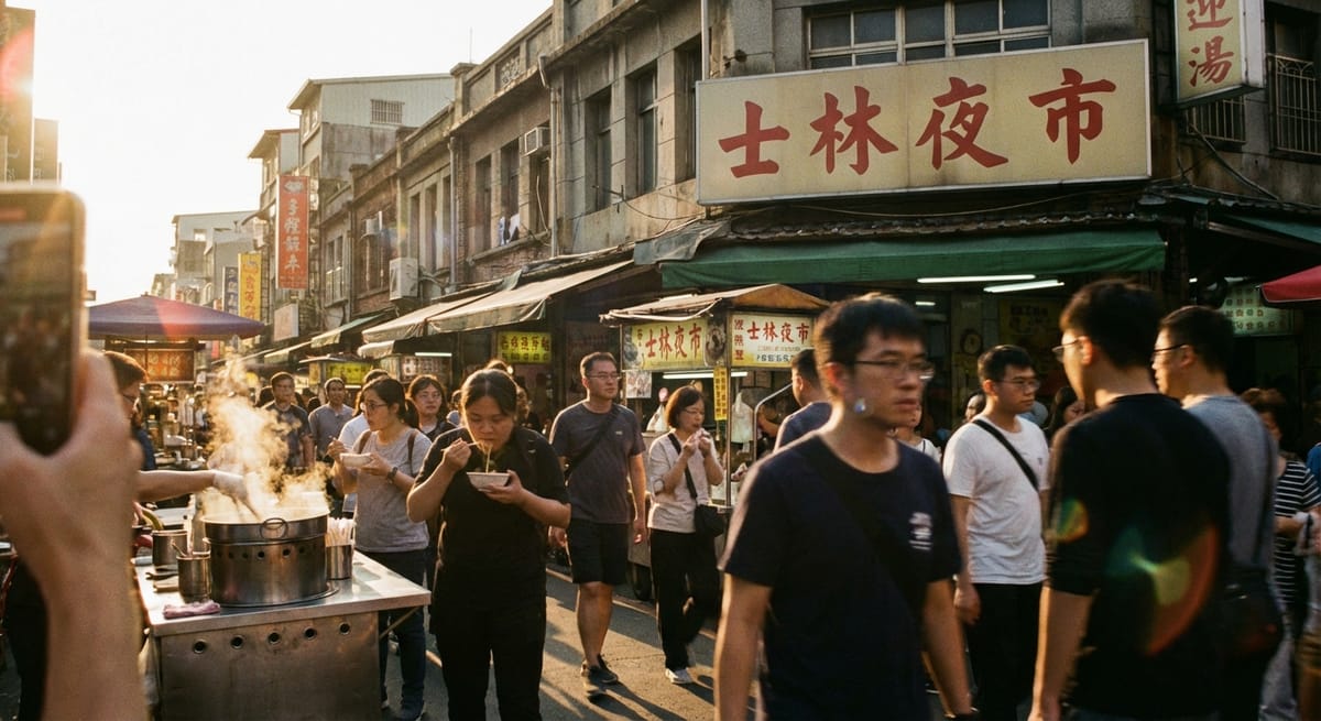 台北士林夜市街景，金色夕陽餘暉灑在擁擠的人群與冒著熱氣的小吃攤位上，上方有明顯的士林夜市招牌。