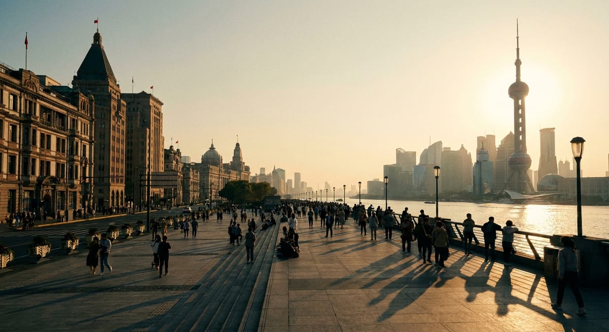 上海黃浦江畔外灘與浦東天際線的黃昏全景，陽光斜射在遊客身上。
